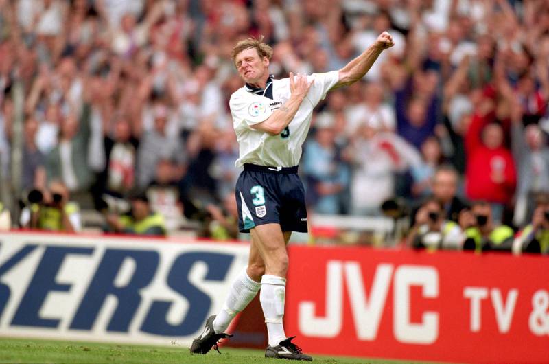 England's Stuart Pearce celebrates scoring his penalty  (Photo by Neal Simpson/EMPICS via Getty Images)
