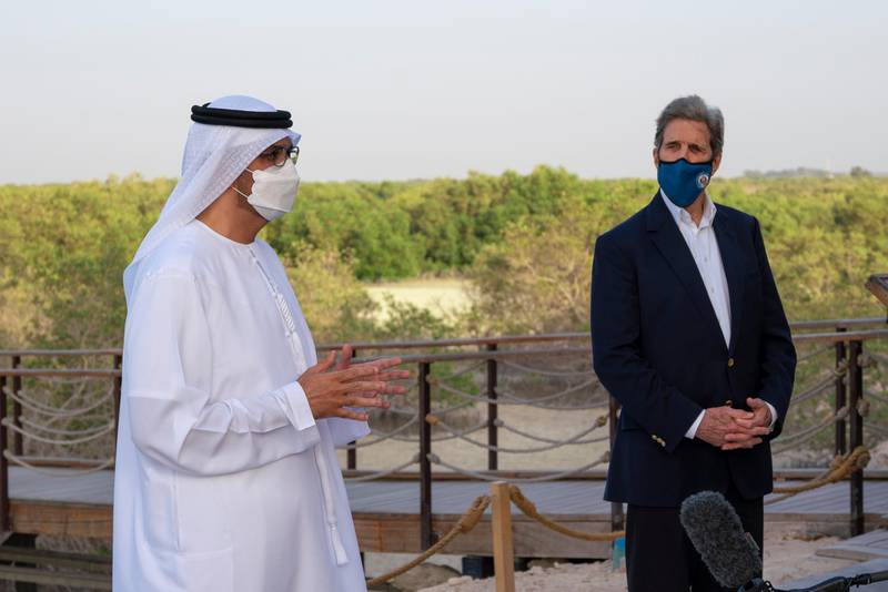 HI-RES. Us Special Presidential Envoy for Climate John Kerry  with UAE Special Envoy for Climate Change and Abu Dhabi National Oil Company CEO, Sultan Ahmed Al Jaber, during a visit to Jubail Mangrove Park, in Abu Dhabi, United Arab Emirates April 3, 2021. Office of the UAE Special Envoy for Climate Change