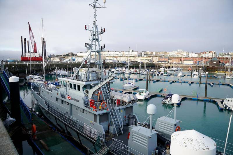 *** BESTPIX *** DOVER, ENGLAND - DECEMBER 30: UK Border Force Cutter,  'Search' berths at Ramsgate Harbour on December 30, 2018 in Ramsgate, England. The growing number of migrants attempting to cross the English Channel has been declared a "major incident" by UK home secretary Sajid Javid. (Photo by Christopher Furlong/Getty Images)