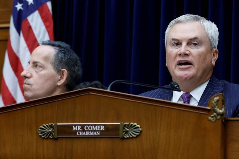 House oversight committee chairman James Comer speaks next to ranking member Jamie Raskin during an impeachment inquiry into President Joe Biden. Reuters