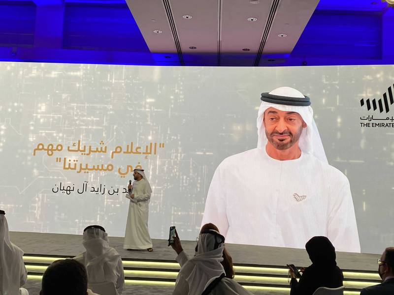 Saeed Al Eter, chairman of the UAE Government Media Office, addresses the audience at Emirates Towers in Dubai where he revealed 50 new projects for the UAE. All photos: Suhail Akram / The National