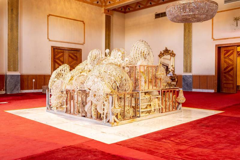 'To Dust', a collection of chandeliers as part of The Red Palace exhibition. Image courtesy of Athr and the artist