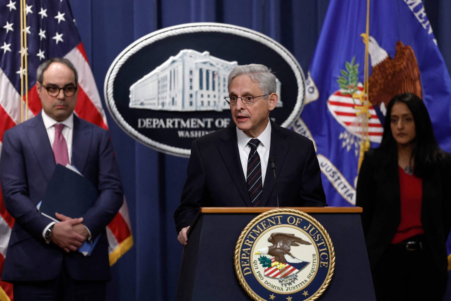US Attorney General Merrick Garland announces the antitrust lawsuit in Washington. Getty / AFP