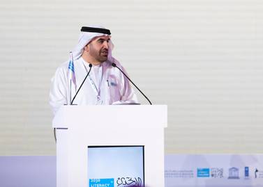 Jamal bin Huwaireb, chief executive of the Mohammed bin Rashid Al Maktoum Knowledge Foundation, speaks at the Literacy Challenge Forum in Dubai. Reem Mohammed / The National