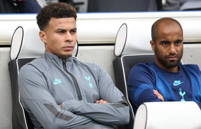 epa07898542 Tottenham's Dele Alli (L) on the bench during an English Premier League soccer match between Brighton & Hove Albion and Tottenham Hotspur at the Amex Stadium in Brighton, Britain 5 October 2019.  EPA/James Boardman EDITORIAL USE ONLY. No use with unauthorized audio, video, data, fixture lists, club/league logos or 'live' services. Online in-match use limited to 120 images, no video emulation. No use in betting, games or single club/league/player publications