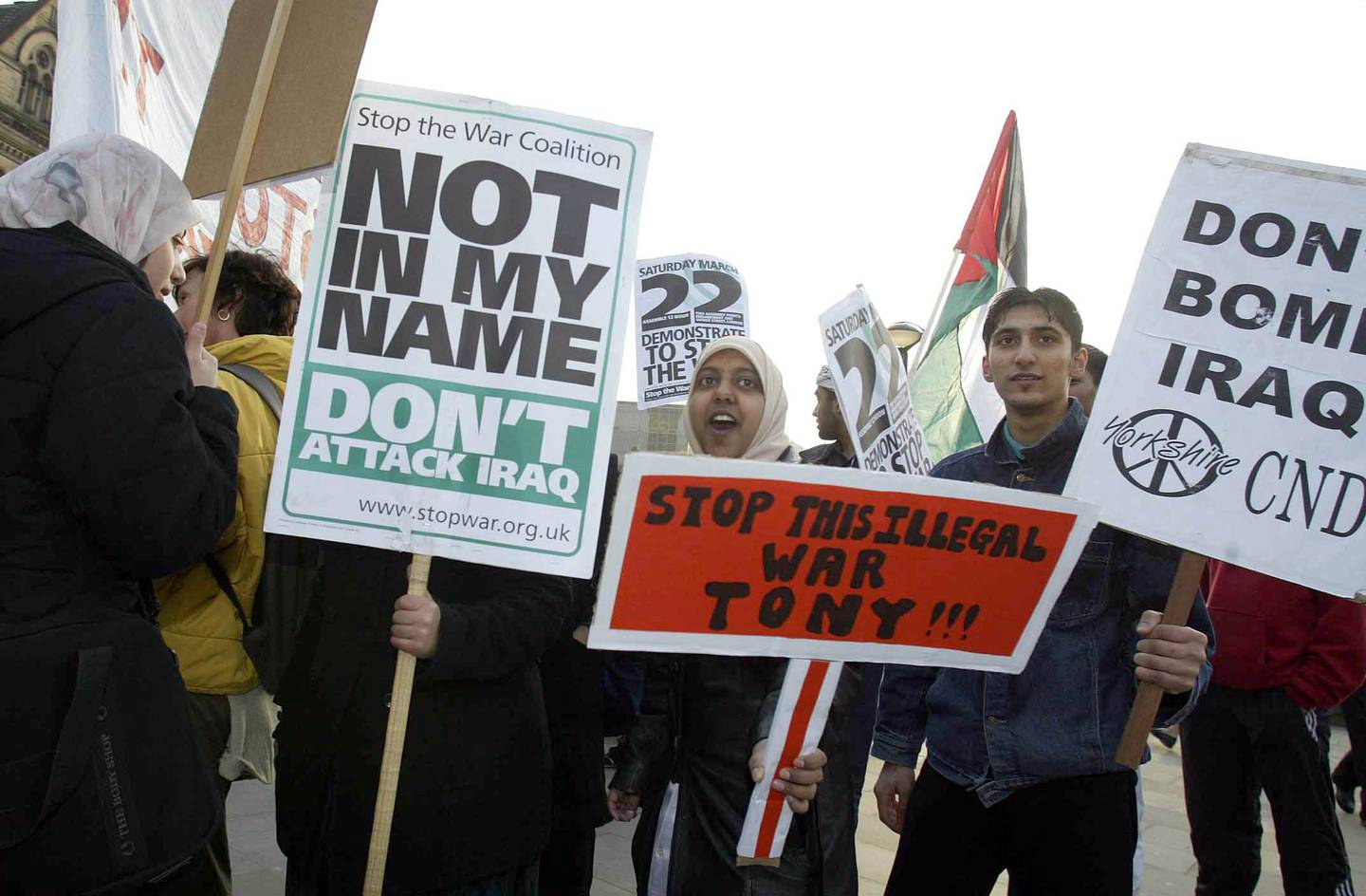 Anti-war protesters gather in Bradford on the first day of the 2003 invasion of Iraq. PA