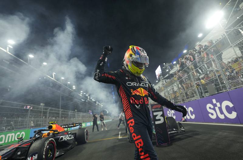 Sergio Perez celebrates after winning the Saudi Arabian Grand Prix. Reuters