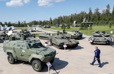 Ukrainian armoured vehicles are on display during the exhibition of captured weapons that were seized upon the Russian Special Military Operation in Ukraine, at the International Military-Technical Forum Army-2023 held at the Patriot Park in Kubinka, outside Moscow, Russia, 15 August 2023.  The International Military-Technical Forum Army-2023 is held from 14 to 20 August 2023 at Patriot Expo, Kubinka Air Base and Alabino military training grounds.   EPA / YURI KOCHETKOV
