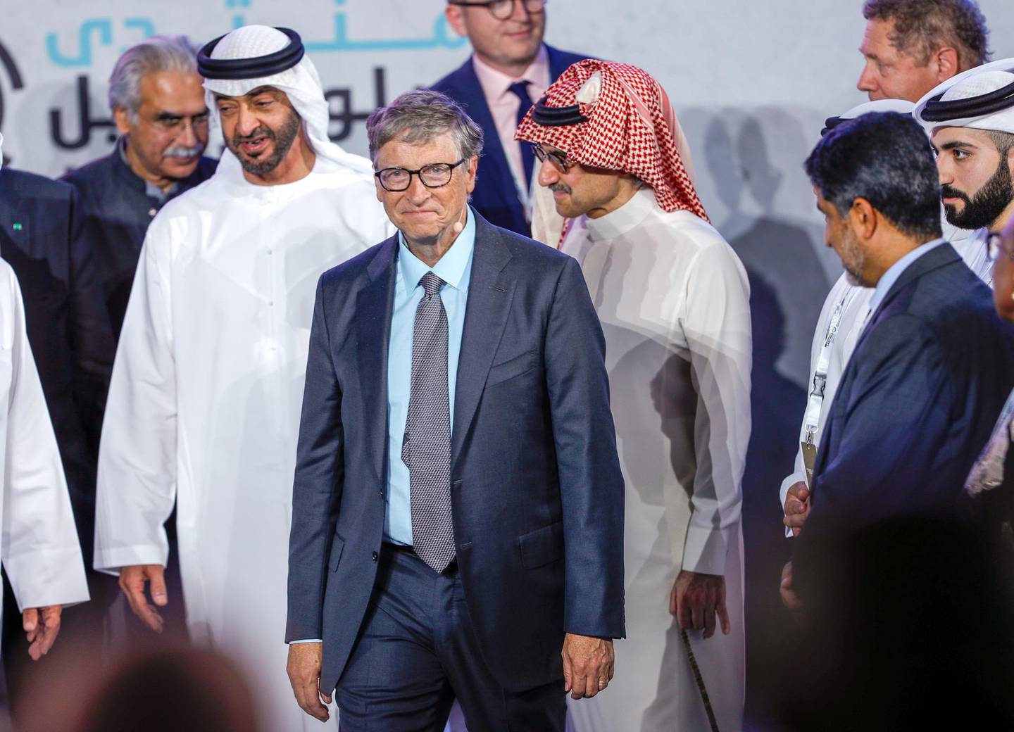 Abu Dhabi, United Arab Emirates, November 19 , 2019.  
Reaching the Last Mile Forum.
--Bill Gates and H.E. Sheikh Mohamed bin Zayed, Crown Prince of Abu Dhabi and Deputy Supreme Commander of the UAE Armed Forces leave the forum after the awards.
Victor Besa / The National
Section:  NA
Reporter:  Dan Sanderson