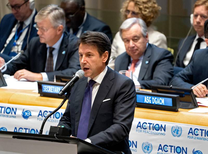 Italian Premier Giuseppe Conte addresses a high level event regarding peacekeepers and peacekeeping during the 73rd session of the United Nations General Assembly, at UN headquarters. AP