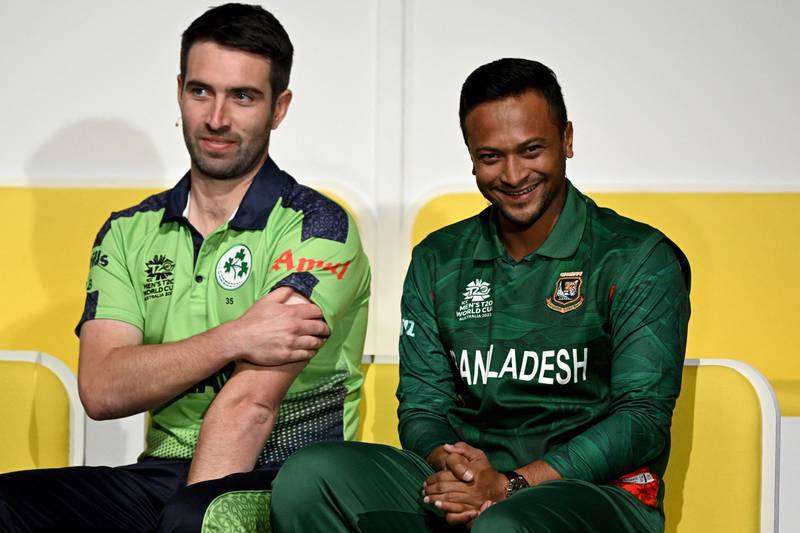 Ireland captain Andrew Balbirnie and Bangladesh's Shakib Al Hasan in Melbourne. AFP