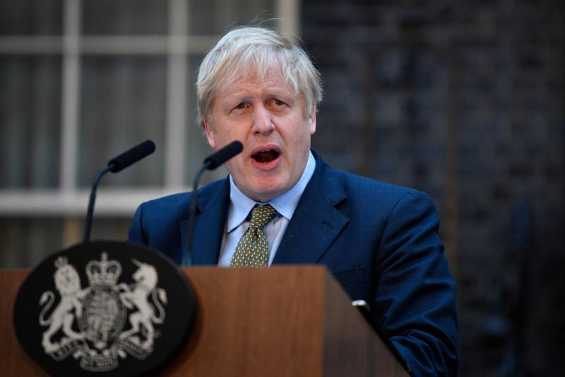 epa08069162 Britain's Prime Minister Boris Johnson delivers a speech at 10 Downing Street in London, Britain, 13 December 2019. Britons went to the polls for a general election on 12 December 2019, which the Conservative Party led by Johnson has won with an overall majority.  EPA/NEIL HALL