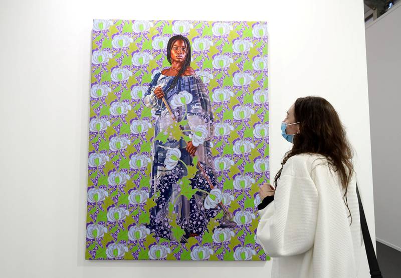 Dubai, United Arab Emirates - Reporter: Alexandra Chaves. Arts and Lifestyle. A portrait of Mame Kéwé Aminata Lo by Kehinde Wiley. Art Dubai 2021 opens at the DIFC. Tuesday, March 30th, 2021. Dubai. Chris Whiteoak / The National