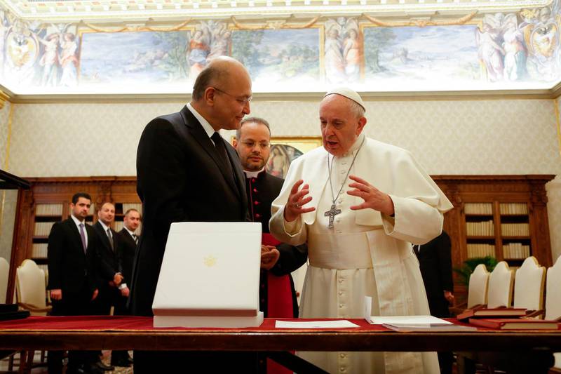 Pope Francis receiving the President of the Republic of Iraq Barham Salih during a private audience at the Vatican, 25 January 2020.  AFP