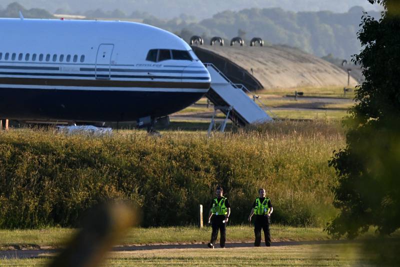 The Boeing 767 plane at a military base in Salisbury that was set to take asylum seekers to Rwanda. AFP