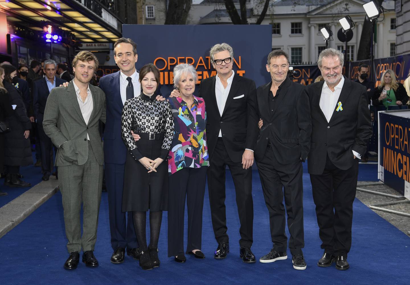 Johnny Flynn, Matthew Macfadyen, Kelly Macdonald, Penelope Wilton, Colin Firth, Jason Isaacs and John Madden at the premiere of 'Operation Mincemeat' in London. Getty Images 