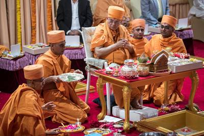 ABU DHABI, UNITED ARAB EMIRATES - April 20 2019.The Shilanyas Vidhi, The Foundationceremony of the first traditional Hindu Mandir in Abu Dhabi, UAE. The Vedic ceremony is performed in the holy presence of His Holiness Mahant Swami Maharaj, the spiritual leader of BAPS Swaminarayan Sanstha.(Photo by Reem Mohammed/The National)Reporter:Section: NA + BZ