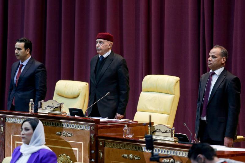 Parliament head Aguila Saleh attends a session to discuss approving new government, in Sirte, Libya March 8, 2021. REUTERS/Esam Omran Al-Fetori