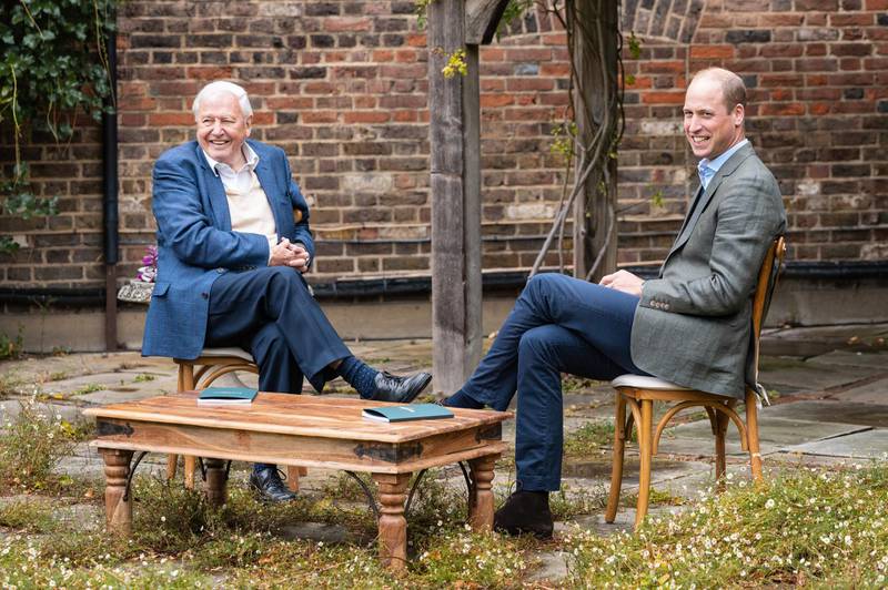 LONDON, ENGLAND: (EMBARGOED TO 0001 ON OCTOBER 8, 2020) (NO SALES) In this undated photo issued by Kensington Palace, Prince William, Duke of Cambridge and Sir David Attenborough discuss The Earthshot Prize at Kensington Palace, in London, England. (Photo by Kensington Palace via Getty Images) NOTE TO EDITORS: This handout photo may only be used in for editorial reporting purposes for the contemporaneous illustration of events, things or the people in the image or facts mentioned in the caption. Reuse of the picture may require further permission from the copyright holder.