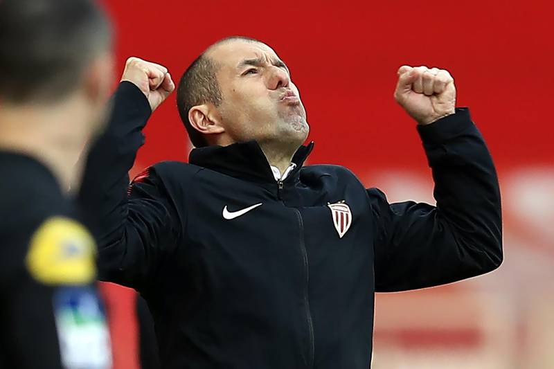 Monaco's Portuguese coach Leonardo Jardim celebrates at the end of the French L1 football match Monaco vs Nantes on April 7, 2018 at the "Louis II Stadium" in Monaco. / AFP PHOTO / VALERY HACHE