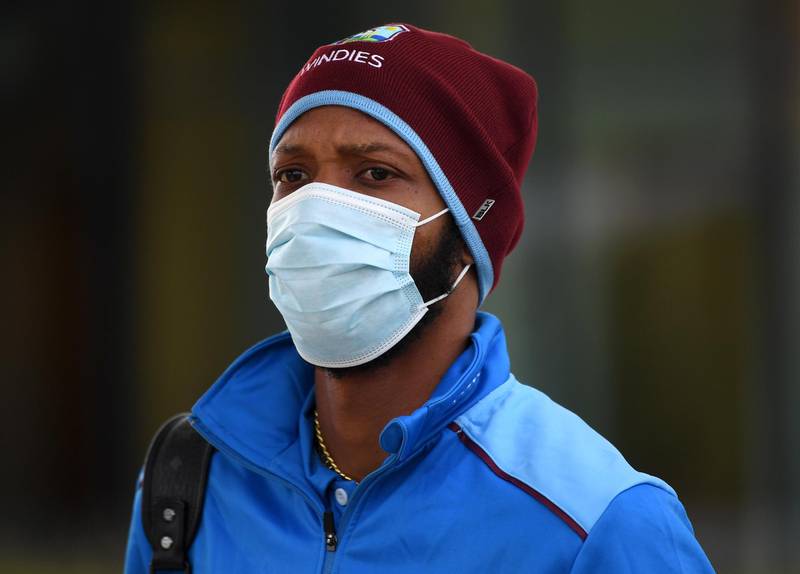 Roston Chase of the West Indies cricket team arrives at Manchester Airport. Getty