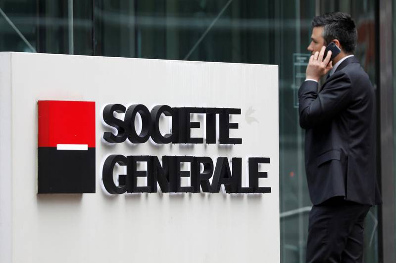 FILE PHOTO: The logo of Societe Generale is pictured outside the headquarters of the French bank at the financial and business district of La Defense at Puteaux near Paris, outside Paris, France, May 16, 2018.  REUTERS/Charles Platiau/File Photo