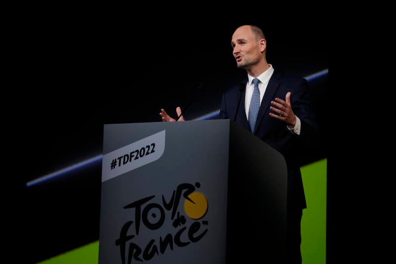 Amaury Sports Organizations President Jean Etienne delivers his speech during the presentation of the 2022 Tour de France. EPA
