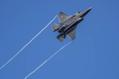 A US F-35 fighter jet flies over the Eifel Mountains near Spangdahlem, Germany on February 23, 2022. AP