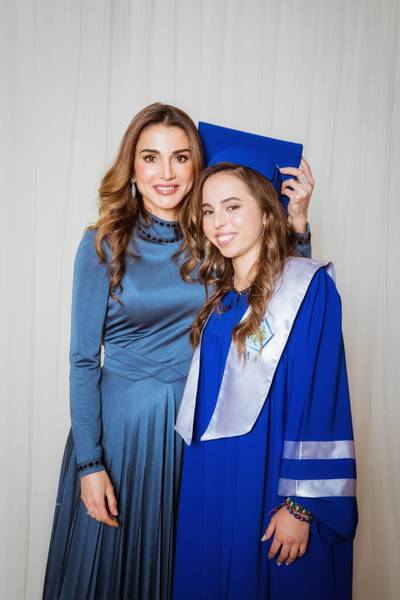 AMMAN, JORDAN- MAY 22: In this handout image provided by the Royal Hashemite Court,  Queen Rania of Jordan (L), during the graduation ceremony of Princess Salma (R) from the International Academy on May 22, 2018 at Amman, Jordan. (Photo by Handout/Royal Hashemite Court via Getty Images)