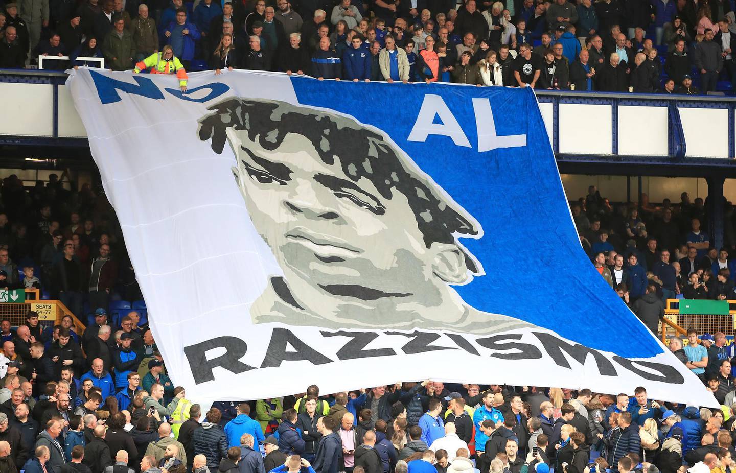 Everton's Moise Kean banner denouncing racism during the Premier League match at Goodison Park, Liverpool. PA Photo. Picture date: Saturday September 28, 2019. See PA story SOCCER Everton. Photo credit should read: Peter Byrne/PA Wire. RESTRICTIONS: EDITORIAL USE ONLY No use with unauthorised audio, video, data, fixture lists, club/league logos or "live" services. Online in-match use limited to 120 images, no video emulation. No use in betting, games or single club/league/player publications.