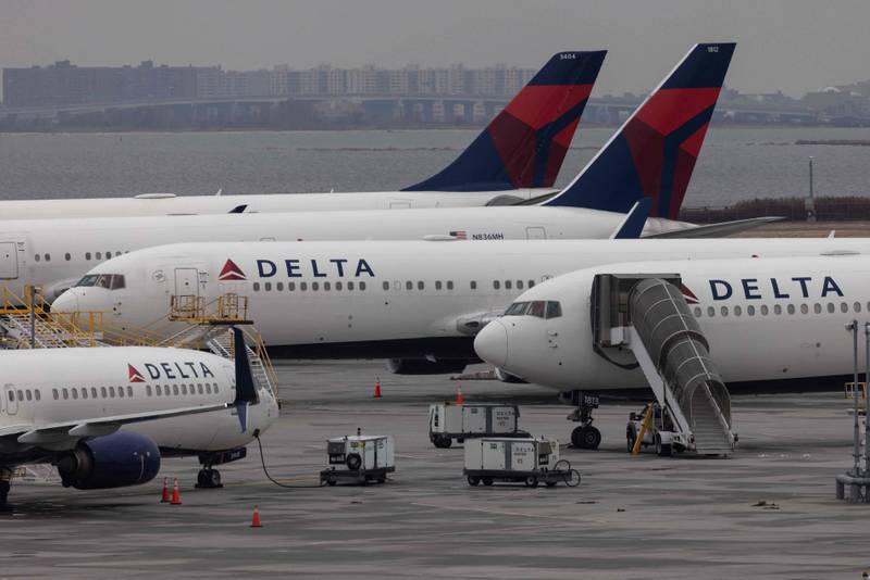 Delta Airlines passenger aircraft are seen on the tarmac of John F  Kennedy International Airport in New York. US domestic passenger traffic rose in July, according to Iata. AFP