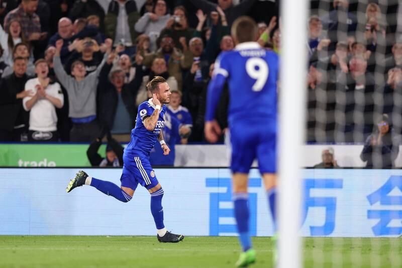 James Maddison celebrates after scoring Leicester City third goal from a free kick during the Premier League match against Nottingham Forest at the King Power Stadium on October 3, 2022 in Leicester, England. Getty