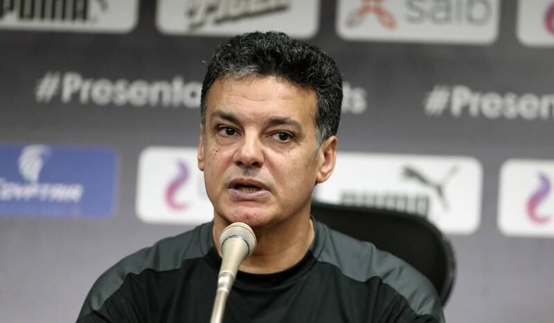 Egypt coach Ehab Galal speaking on the eve of a match against Guinea in Cairo.