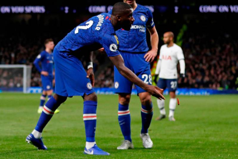 Chelsea's  Antonio Rudiger throws an object off the pitch at Tottenham, during the Premier League clash on Sunday. AFP