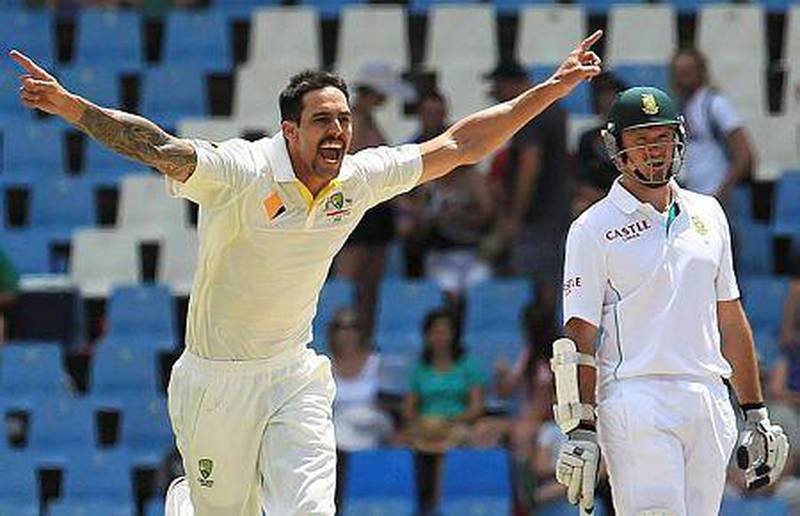 Australia's bowler Mitchell Johnson, left, spearheaded Australia’s attack during a 5-0 Ashes sweep of England last year and then helped his team beat South Africa 2-1, picking up 59 Test wickets between August 2013 to September 2014. AP Photo/ Themba Hadebe