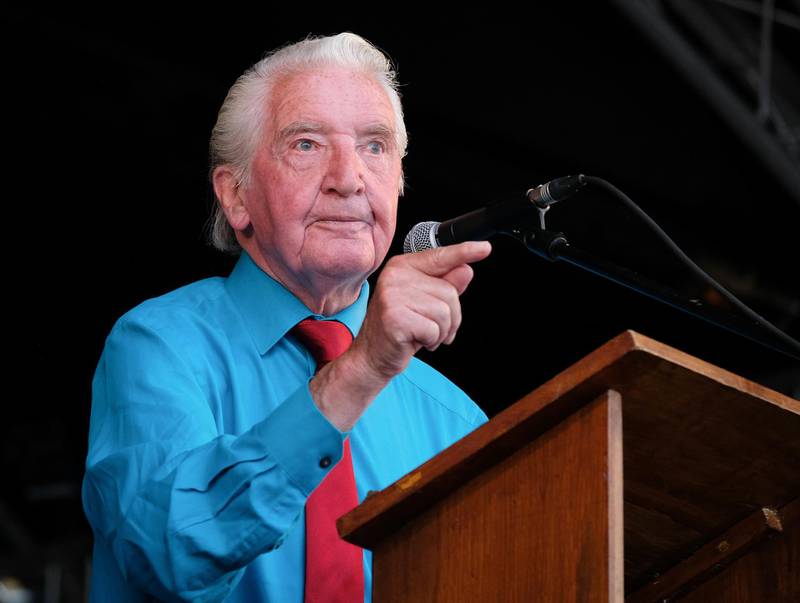 DURHAM, ENGLAND - JULY 14: Labour politician and Member of Parliament for Bolsover Dennis Skinner during the 134th Durham Minersâ€™ Gala on July 14, 2018 in Durham, England. Over two decades after the last pit closed in the Durham coalfield the Miners Gala or Big Meeting as it is known locally remains as popular as ever with over 200,000 people expected to attend this year. The gala forms part of the culture and heritage of the area and represents the communal values of the North East of England. The gala sees traditional colliery brass bands march through the city ahead of their respective pit banners before pausing to play outside the County Hotel building where union leaders, invited guests and dignitaries gather before then continuing to the racecourse area for a day of entertainment and speeches. Beginning in 1871 the gala is the biggest trade union event in Europe and is part of an annual celebration of socialism. (Photo by Ian Forsyth/Getty Images)