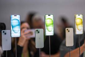 Apple iPhone Series 9 models are displayed amongst other new products during a launch event at Apple Park in Cupertino, California, on September 12, 2023.  (Photo by Nic Coury  /  AFP)