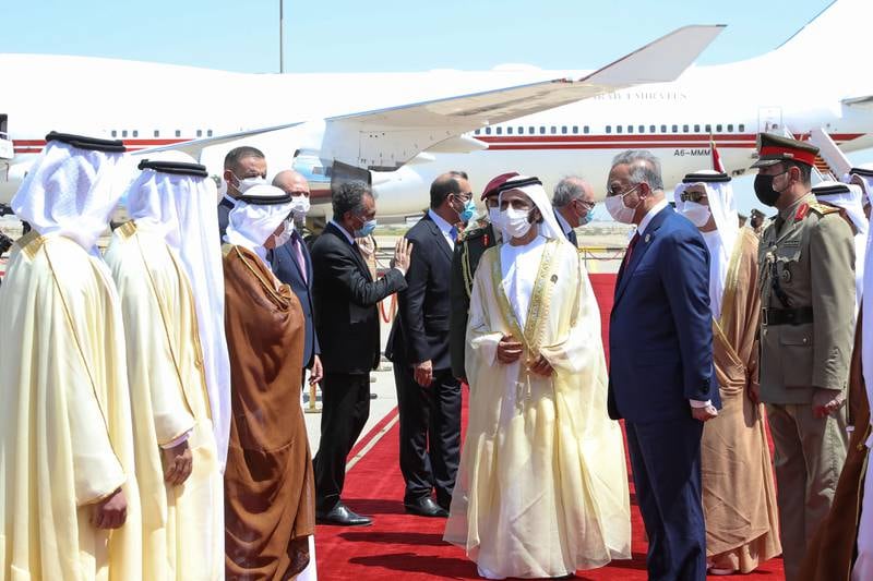 Sheikh Mohammed bin Rashid, Vice President and Ruler of Dubai, is received by Iraqi Prime Minister Mustafa Al Kadhimi in Baghdad. Wam