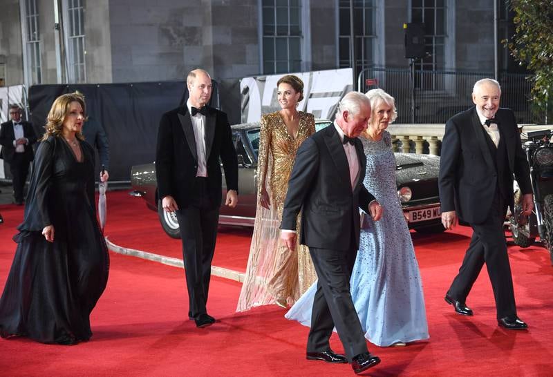 Barbara Broccoli; the Duke and Duchess of Cambridge; Prince Charles, Prince of Wales; Camilla, Duchess of Cornwall and Michael G Wilson attend the premiere. Photo: Getty