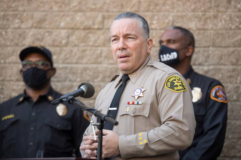 Los Angeles County Sheriff Alejandro Villanueva speaks during a press conference in front of Sheriff Department building in Lomita, California. AP Photo