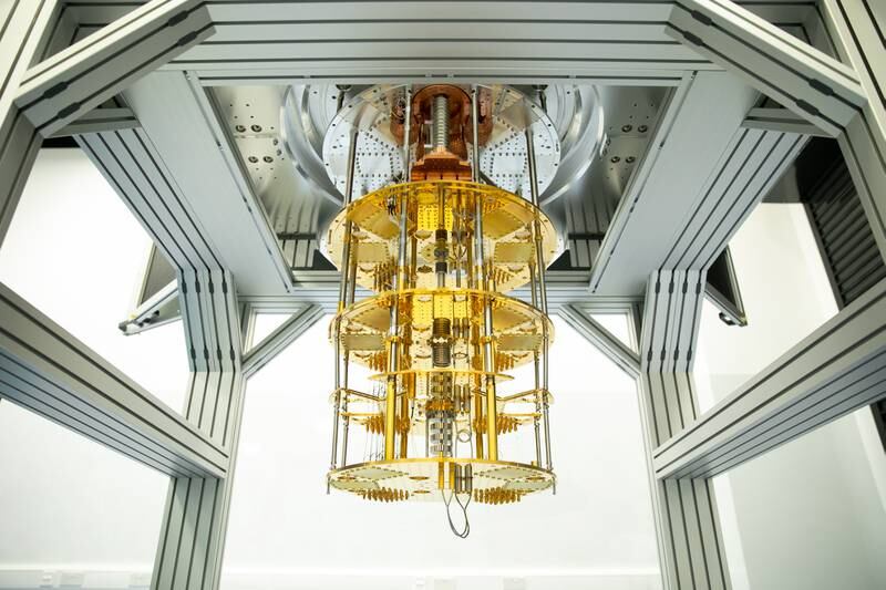 The quantum chandelier, so-called for its resemblance to the light fixture, has looping microwave communication cables that enable other computers to interact with the quantum chip within.