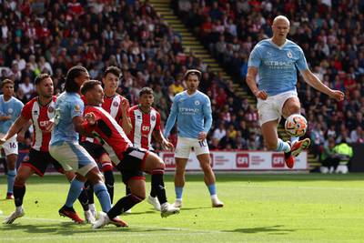 Manchester City's Erling Haaland controls the ball. AFP