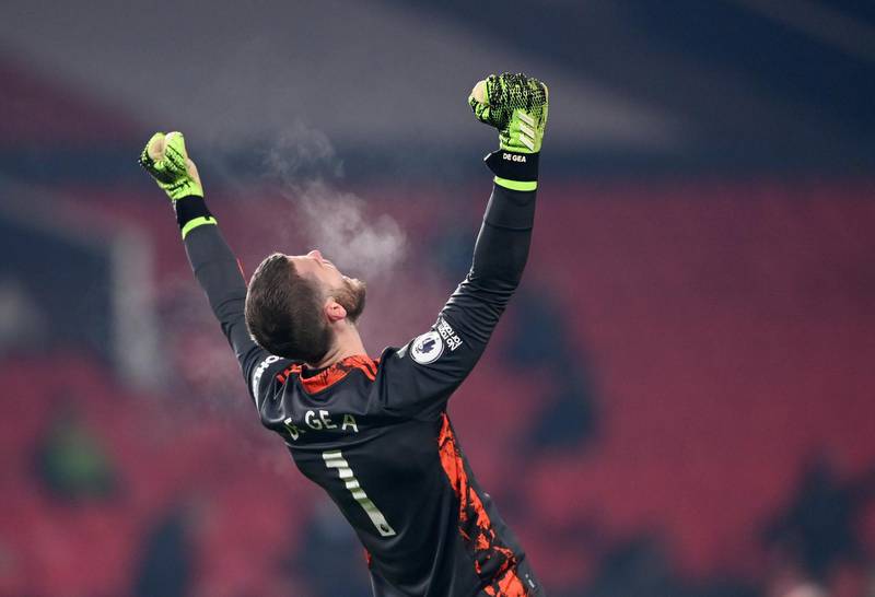 Manchester United's goalkeeper David de Gea celebrates the winning goal. AP