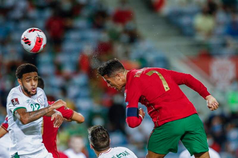 Cristiano Ronaldo heads home for Portugal in their World Cup qualifying win against the Republic of Ireland at Algarve stadium in Faro, on Wednesday, September 1. The veteran attacker broke the international goalscoring record after netting twice in the match. EPA