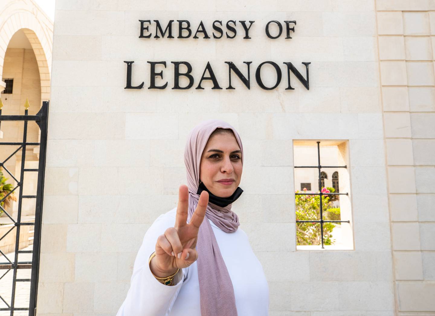 Samah Al Asmar Diab after voting outside the Lebanese embassy in Abu Dhabi. Victor Besa / The National