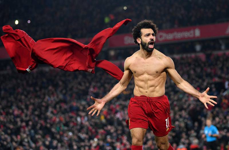 Liverpool striker Mohamed Salah of Liverpool celebrates after scoring his team's second goal during their 2-0 Premier League win over Manchester United at Anfield on Sunday, January 19. Getty