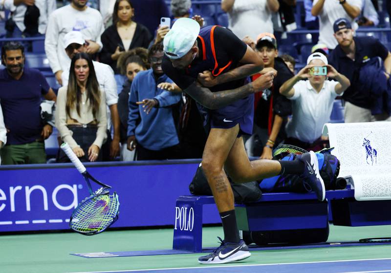 Kyrgios smashes his racket after his quarter-final match against Khachanov. Reuters