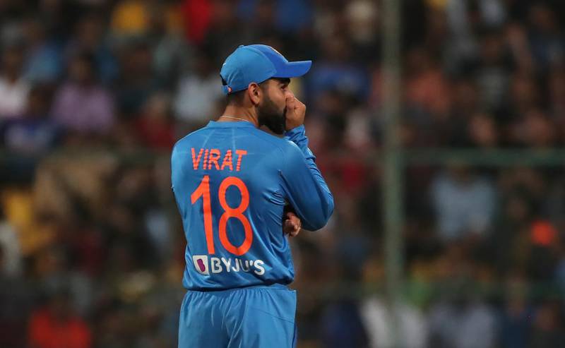India's captain Virat Kohli reacts after an unsuccessful review for the wicket of South Africa's captain Quinton de Kock during the third and last T20 cricket match between India and South Africa in Bangalore, India, Sunday, Sept. 22, 2019. (AP Photo/Aijaz Rahi)