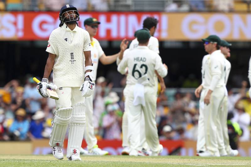 England's Haseeb Hameed reacts after he was dismissed during day three of the first Ashes Test at the Gabba in Brisbane. AP Photo