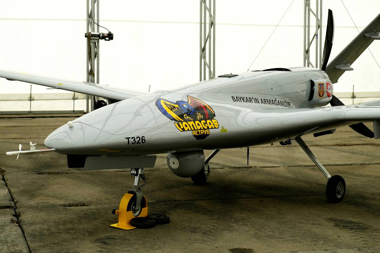 A Bayraktar TB2 combat drone donated to Ukraine is seen during presentation at the Siauliai Air Base, Lithuania. Reuters